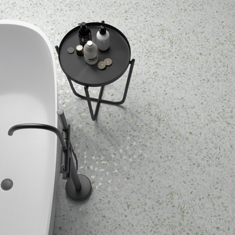 Terrazzo 9" Hexagon Matte Terrazzo Look Porcelain Tile, Hex Green