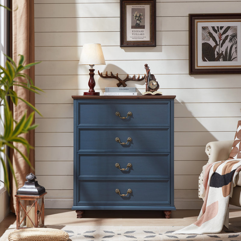 Farmhouse 4 Drawer Dresser For Bedroom, 37" Tall Rustic Chests Of Drawers W/ 4 Solid Wood Feet, Mid Century Modern Wooden Closet Storage Dressers Organizer For Living Room, Hallway