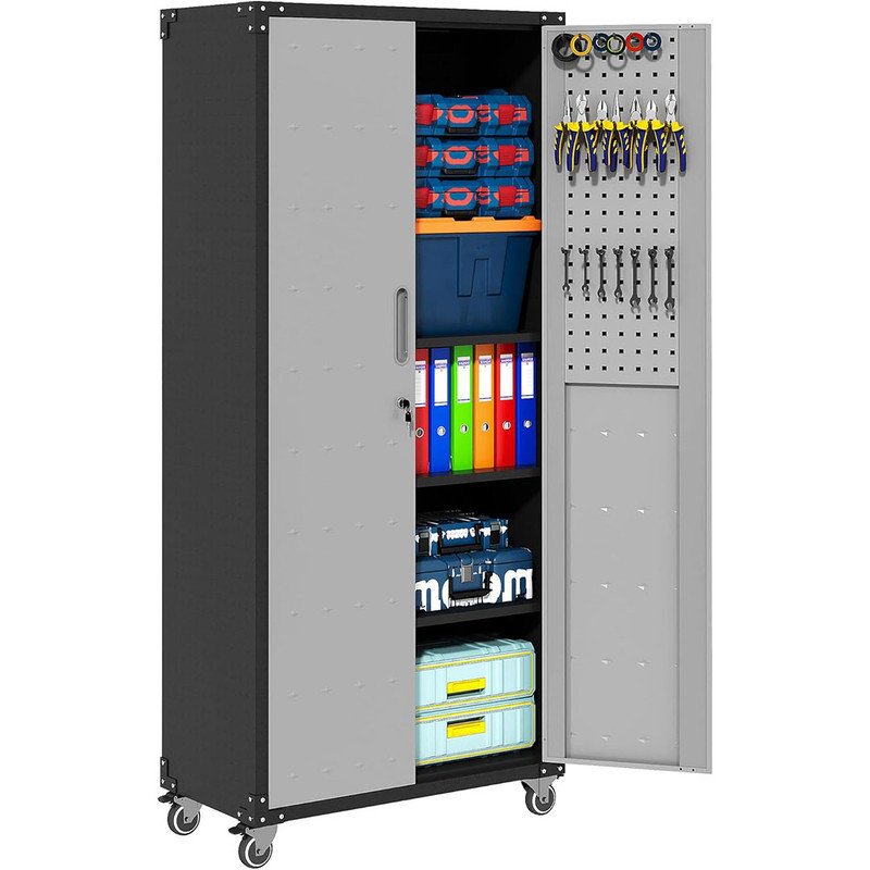 Garage Storage Cabint on Wheels with Locking Doors and 3 Adjustable Shelves, Tall Rolling Steel Cabinets for Garage Warehouse