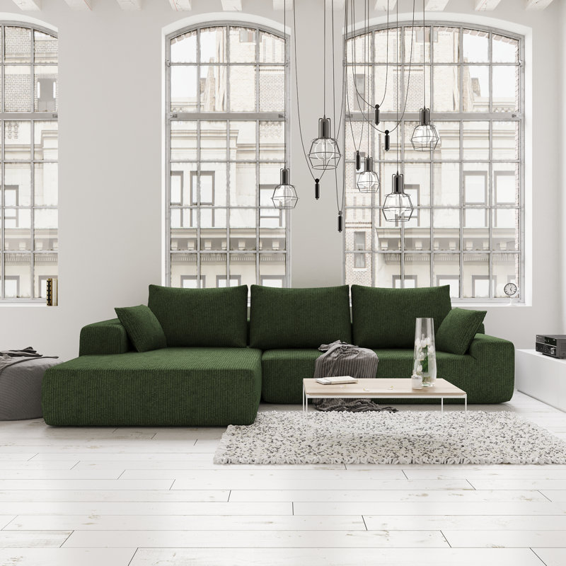 Boneless L-shaped Modular Foam-filled with Spring Support Simple Living Room Sofa, Green Corduroy