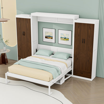 Wood Murphy Bed with Two Drawers, Wardrobes, Table and LED Light