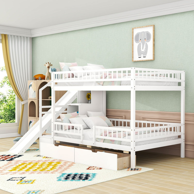Lit superposé double en bois avec glissière, tiroirs de rangement et escalier, White