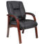 Fauteuil d'invité Aria avec finition en bois brun cerise, vinyle noir-117561349