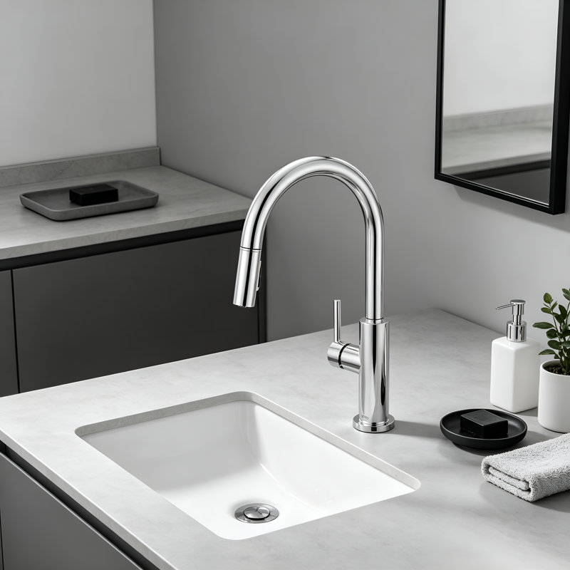 Robinet de cuisine moderne en acier inoxydable à poignée simple avec douchette rétractable, robinet monotrou convenant à un ensemble central de 1 ou 3 trous de 8 pouces, plaque de pont incluse