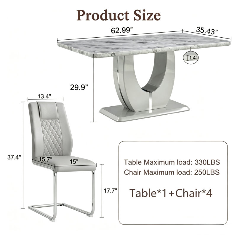 Ensemble repas 5 pièces Kimara, Gris clair, Ensemble de cinq pièces : table, quatre chaises