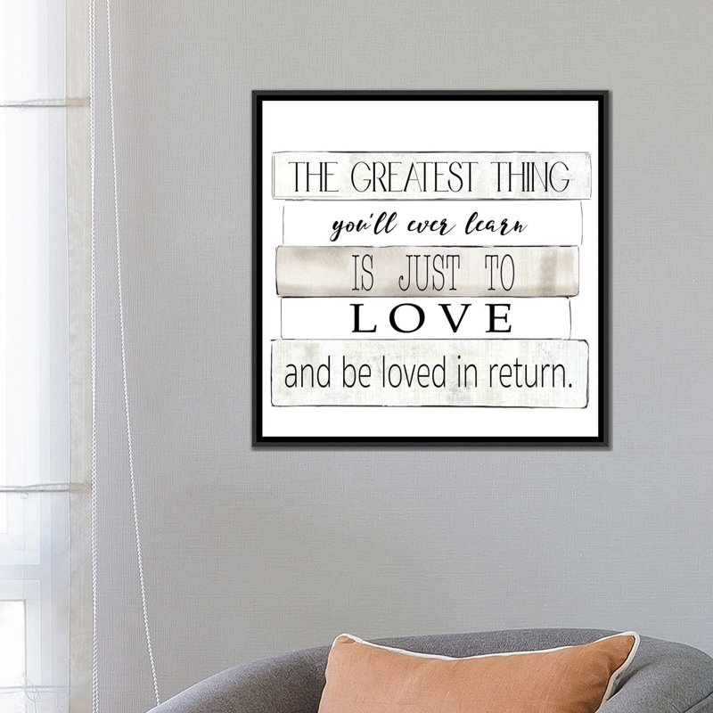 «The Greatest Thing», art textuel sur toile, H 18 po x l 18 po x P 1,5 po, Toile encadrée noire, Pas de tapis