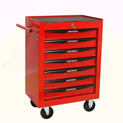 Coffre à outils roulant en métal avec 7 tiroirs, armoire à outils à 7 tiroirs de 20 po avec glissières à roulement à billes, coffre à outils en acier - rouge et noir