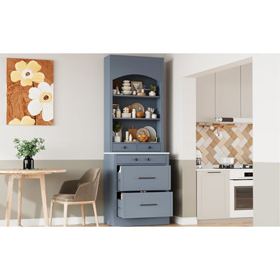 Grande armoire de cuisine avec surface en faux marbre, hauteur de 83,7 pouces, 5 tiroirs et tablette réglable, garde-manger autoportant gris, armoire moderne en marbre
