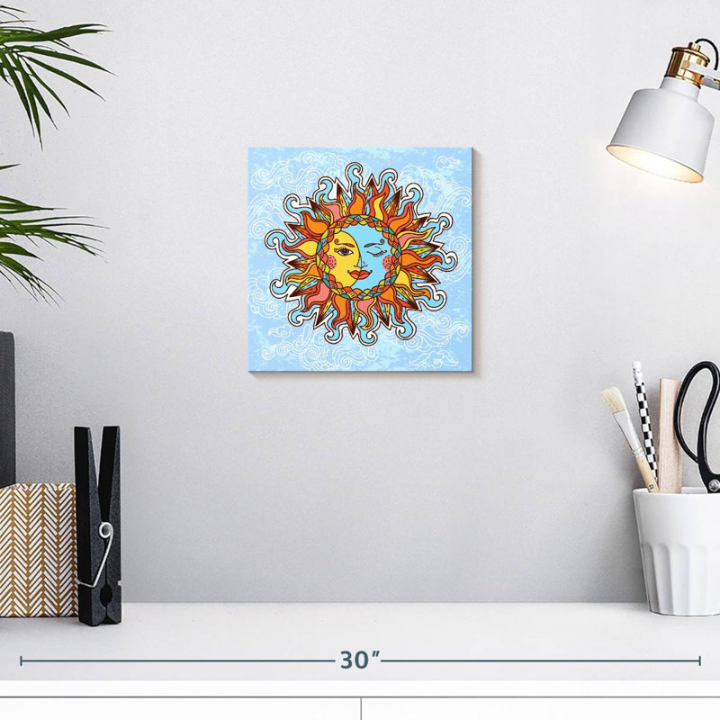 Caricature d'Oberle soleil et lune bohème, H 10 po x l 10 po