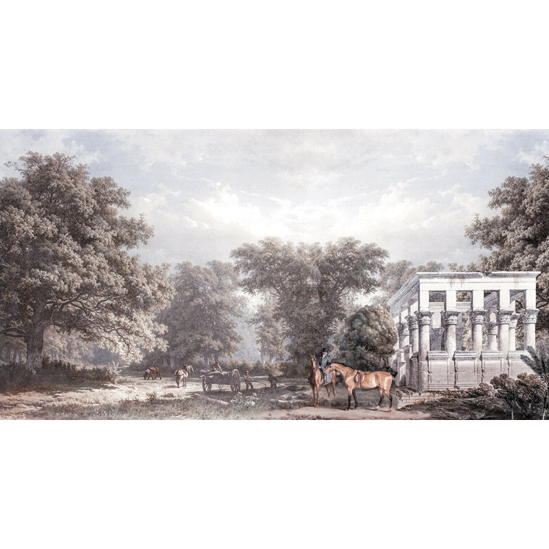 Scenic Countryside Mural With Classical Ruins, 117.96" L x 225" W, Gray
