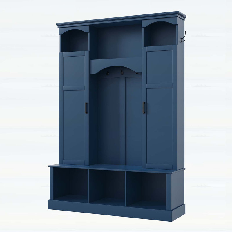 Classic All-in-One Hall Tree with Adjustable Shelves,Storage Bench with Dual Side Cabinets, Blue