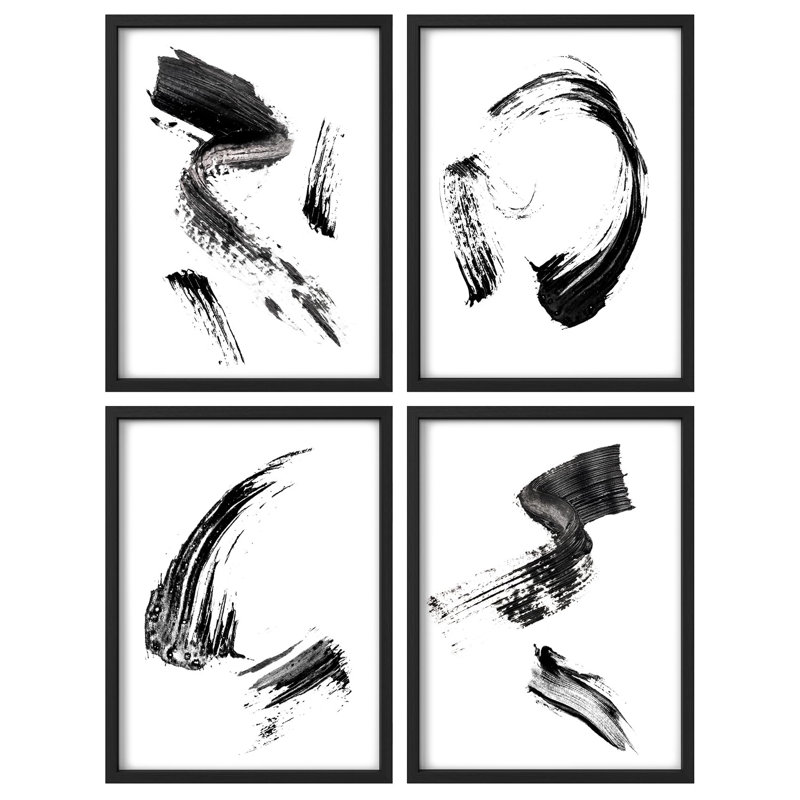 "Grosse encre, coups de pinceau, symboles, formes abstraites, illustrations, décor moderne", 4 pièces, Blanc