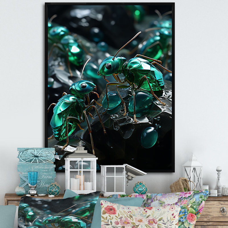 " Emerald Explorations Ants ", 20" H x 12" W x 1" D, Black Floater Frame