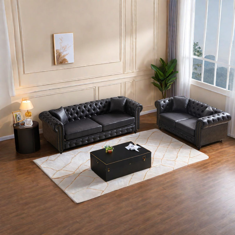 Ensemble de canapé moderne 3 places, tissu noir Tech avec pieds en bois pour le salon