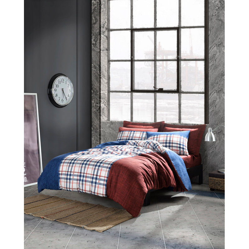 Ensemble de housse de couette en mélange de coton 4 pièces Carlisa, Rouge bordeaux / blanc / bleu