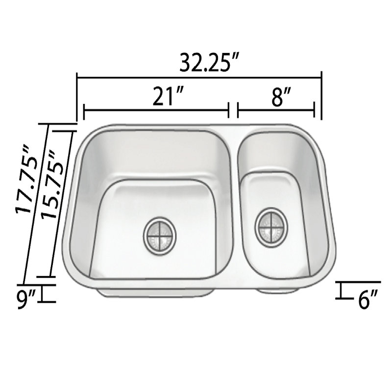 32" L x 18" W Double 80/20 Basin Undermount Kitchen Sink With Basket Strainer