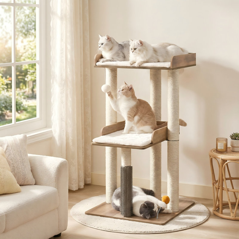 Tour pour arbre à chat moderne 43,7 po pour grands chats adultes, maisonnette pour chat avec poteau à griffer, grand perchoir, coussinets amovibles, grège