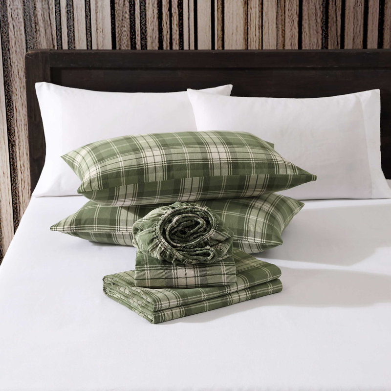 Brushed Cotton Flannel Sheet Set, Full Sheet Set with 2 Pillowcases, Brinna Green