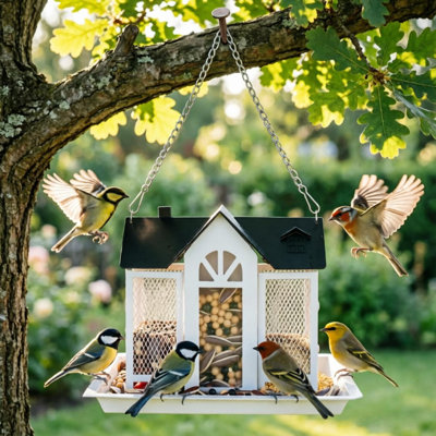 Metal Hanging Bird Feeder House, Classic Barn Style Iron Outdoor Feeder with Visible Window Lift Top Lid for Garden Yard Wild Birds