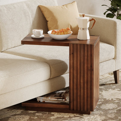 Solid Wood End Table, C-Shaped Side Table for Sofa, Bed