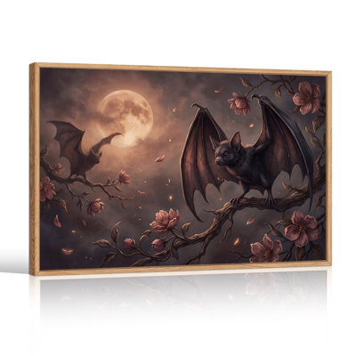 Batte perchée sur une branche avec fleurs roses et lune, art mural sur toile d'Halloween