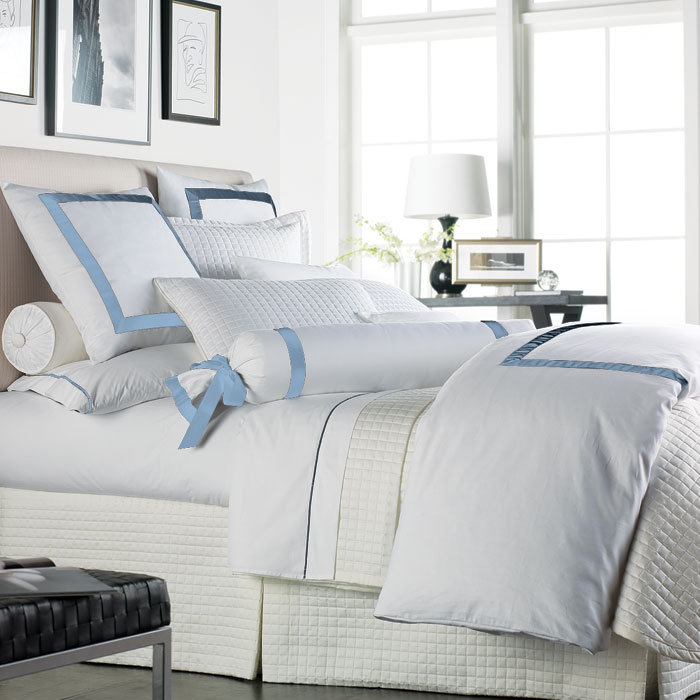 Sophia Cotton Duvet Cover, Queen Duvet Cover, White / Soft Light Blue