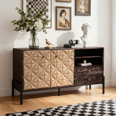 Mid Century Modern Sideboard With Geometric Doors, Solid Wood Storage Cabinet With 2 Drawers & Adjustable Shelves For Living Room, Dining Room