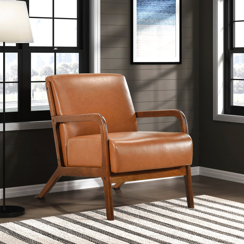 Chaise d'appoint au fini noyer avec fabrication en bois massif et similicuir brun