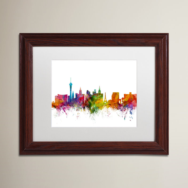 «Las Vegas Nevada Skyline», impression encadrée, H 11 po x l 14 po x P 0,5 po, Blanc, Cadre brun
