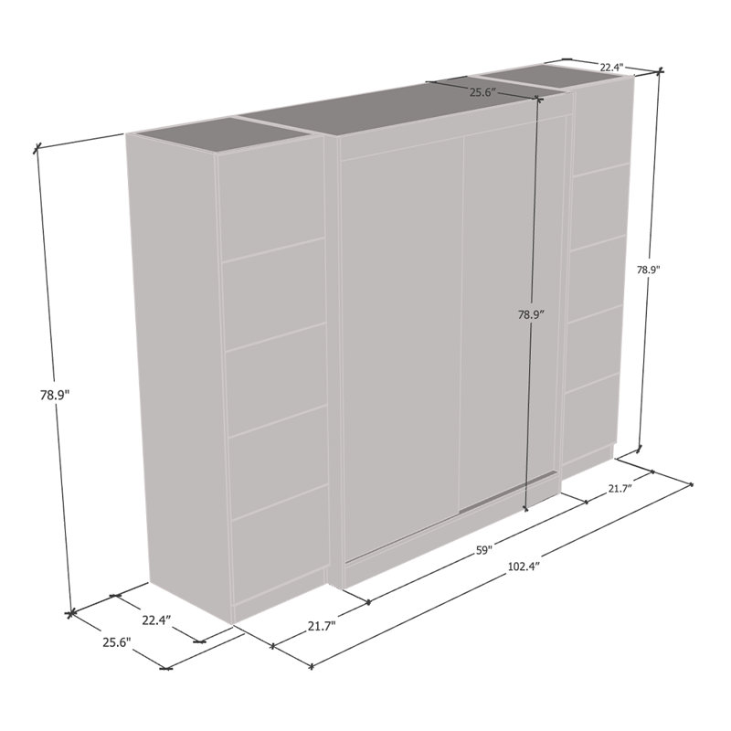 Bucur 102.4" Armoire with Adjustable Shelves, Hanging Rod, Matte Finish, White, 79" H x 102" W x 26" D