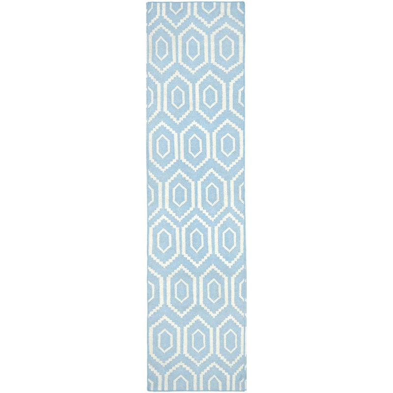 Dhurries Hand Woven Flat Weave Wool/Cotton Geometric Rug in Ivory/Blue, Runner 2'6" x 10'