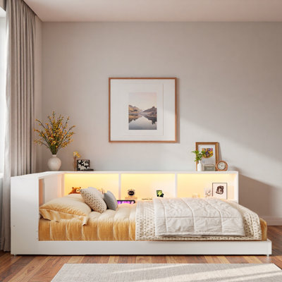 Wood Daybed With Storage Shelves, Usb Ports And Led