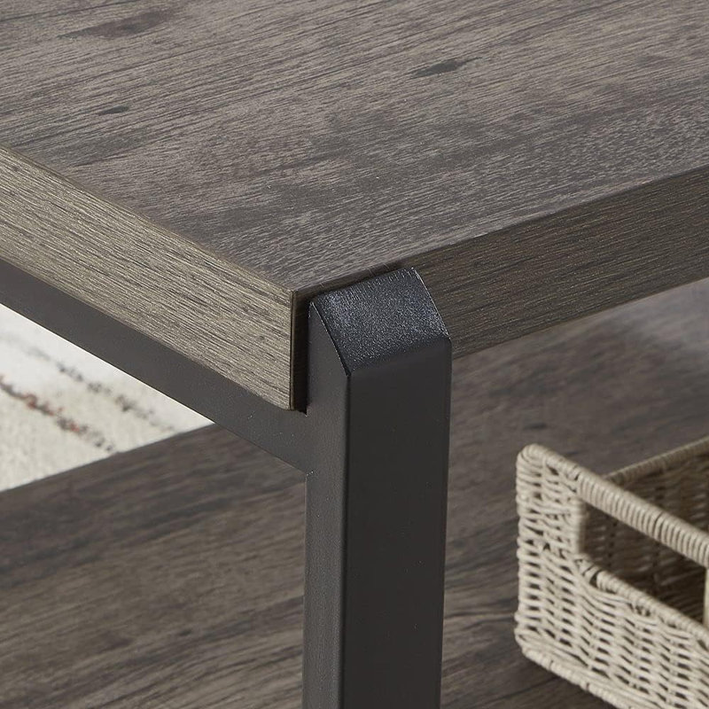 Rustic Grey Wood and Black Metal Coffee Table with Storage Shelves