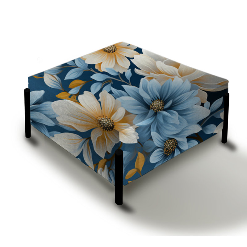 Grand repose-pieds carré jaune et bleu à motif de fleurs I