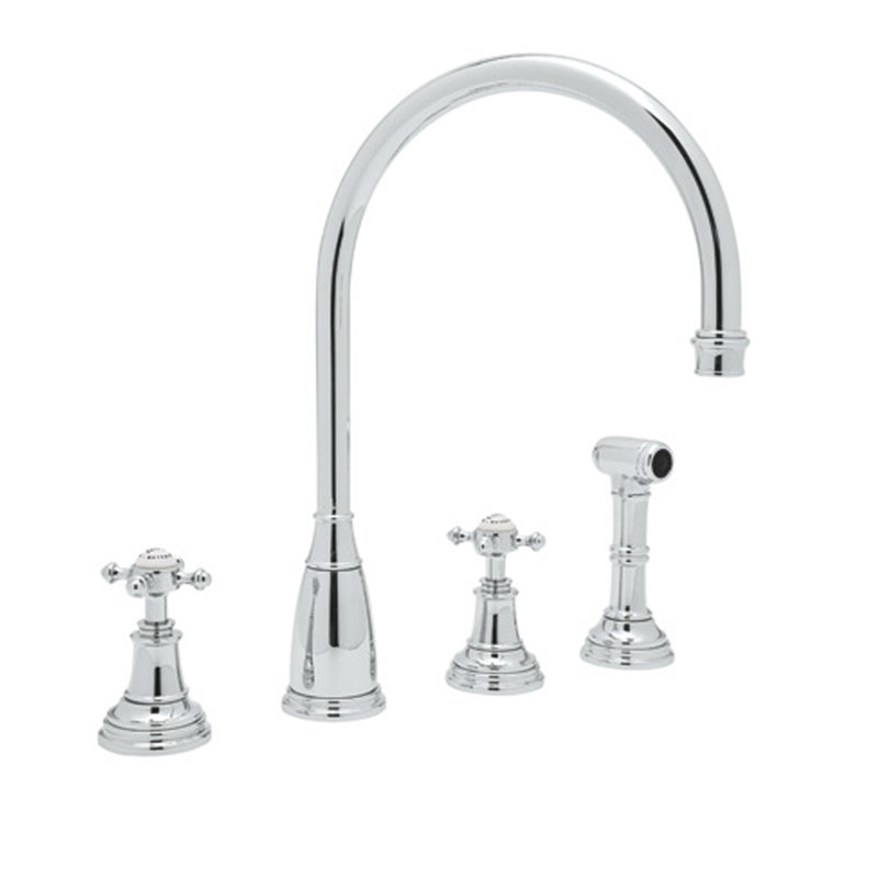 Georgian Era Two Handle Kitchen Faucet With Side Spray, Polished Chrome, Cross