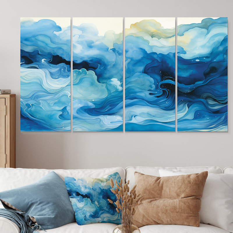 Ensemble de 4 décorations murales Blue Tidal Ripple Symphony - Abstract Collages, H 32 po x l 64 po