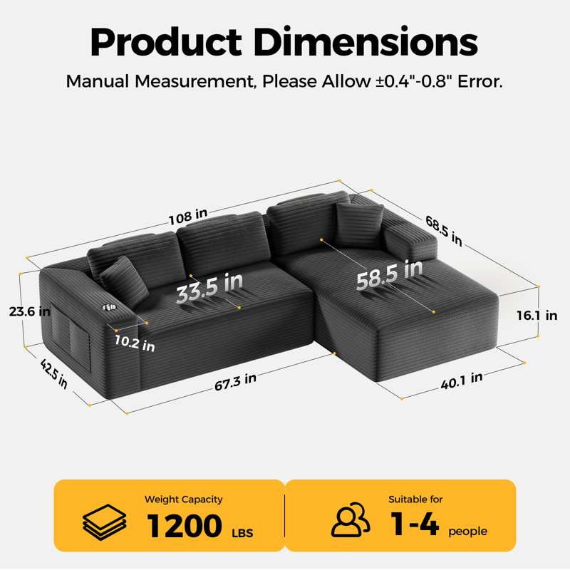 Canapé modulaire Boneless 108 po avec méridienne en tissu velours côtelé avec 4 poches de rangement et plateau, Gris