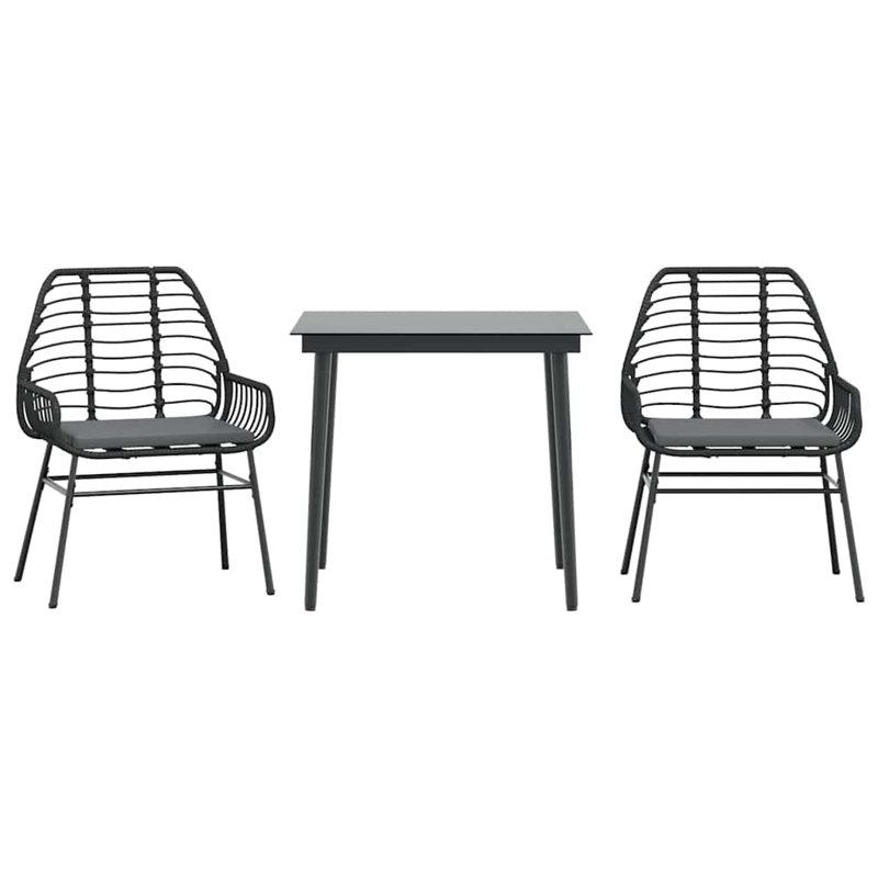 Ensemble repas de patio avec coussins en verre et poly rotin, H 29,1 po x l 31,5 po x L 31,5 po, 2, Noir / Noir