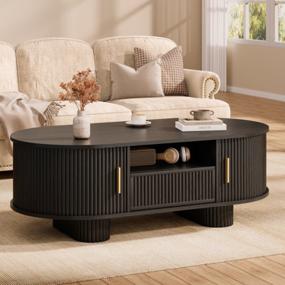 47.2'' Oval Coffee Table With Hidden Storage, Mid-Century Modern Fluted Centre Table With Drawer And Sliding Tambour Doors
