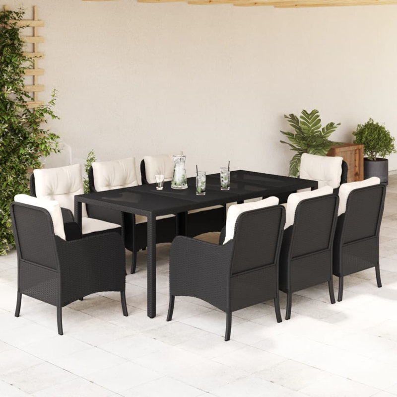 Ensemble de salle à manger de patio Dakota Fields avec coussins en rotin de poly, Crème / rotin noir, 8