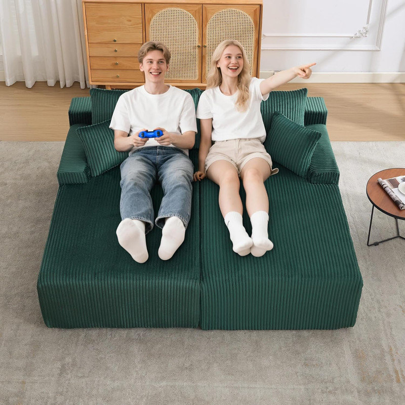 Méridienne double 66 po, siège surdimensionné en velours côtelé rembourré avec assise profonde, sans assemblage, Vert