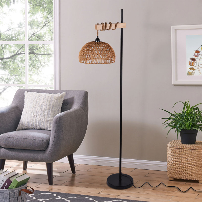 Varkins 1-Light Tall Standing Lamp with Rattan Lampshade