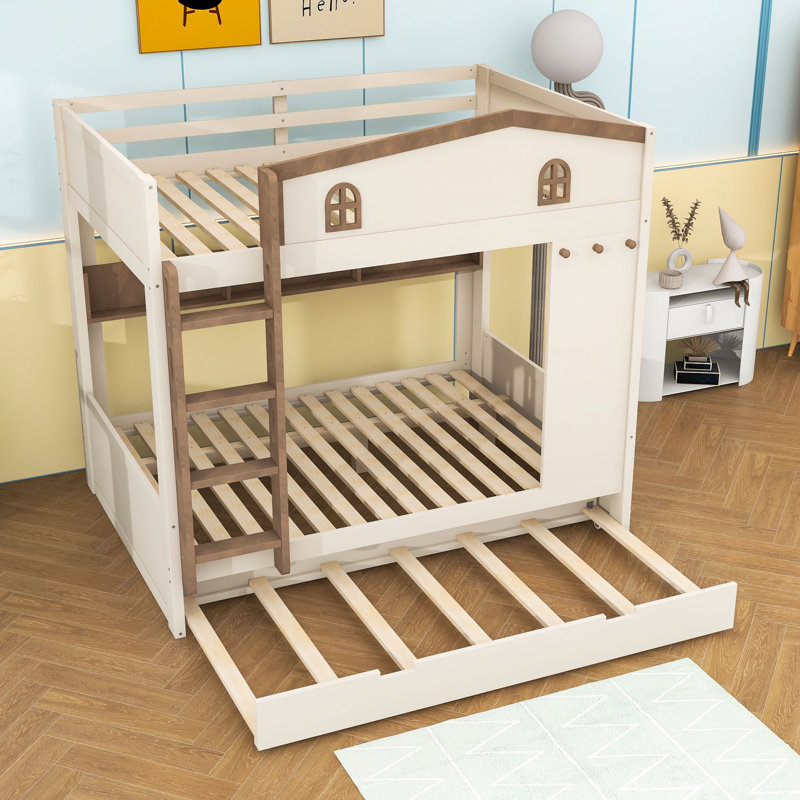 Lit superposé en bois avec lit gigogne, tablettes latérales et échelle, Lit superposé double sur double, Beige / Naturel