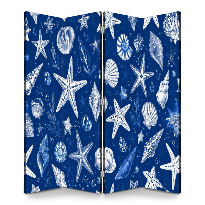 Cloison pliante 4 panneaux paravent Royal Nautical Seashell Starfish, H 71 po x l 64 po x P 1 po, 4