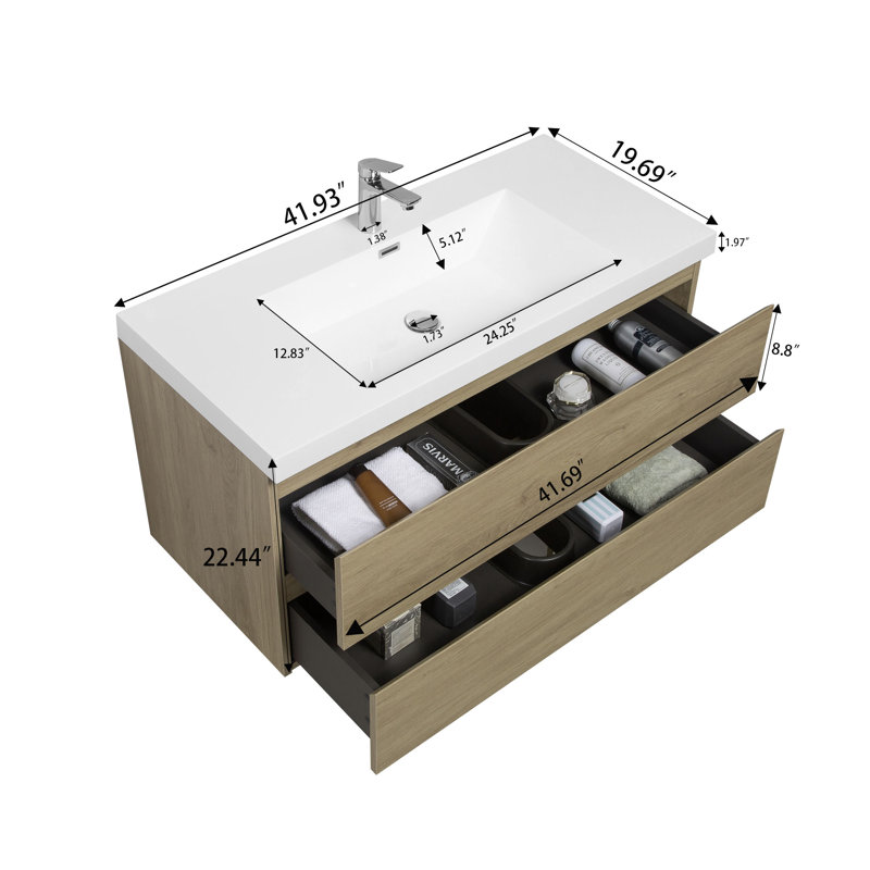 Meuble-lavabo simple flottant simple 42 po avec lavabo à surface solide Dhruven, Chêne naturel