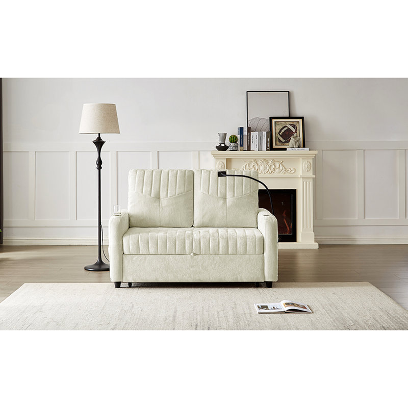 Lit de 53,9 po en beige, mécanisme coulissant ajustable, deux porte-gobelets, un support pour téléphone, 3 ports de chargement et une boîte de rangement latérale beige avec et pour l'espace de vie
