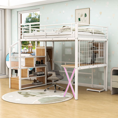 Metal Loft Bed With Desk, LED Light, Storage Stairs And Wardrobe