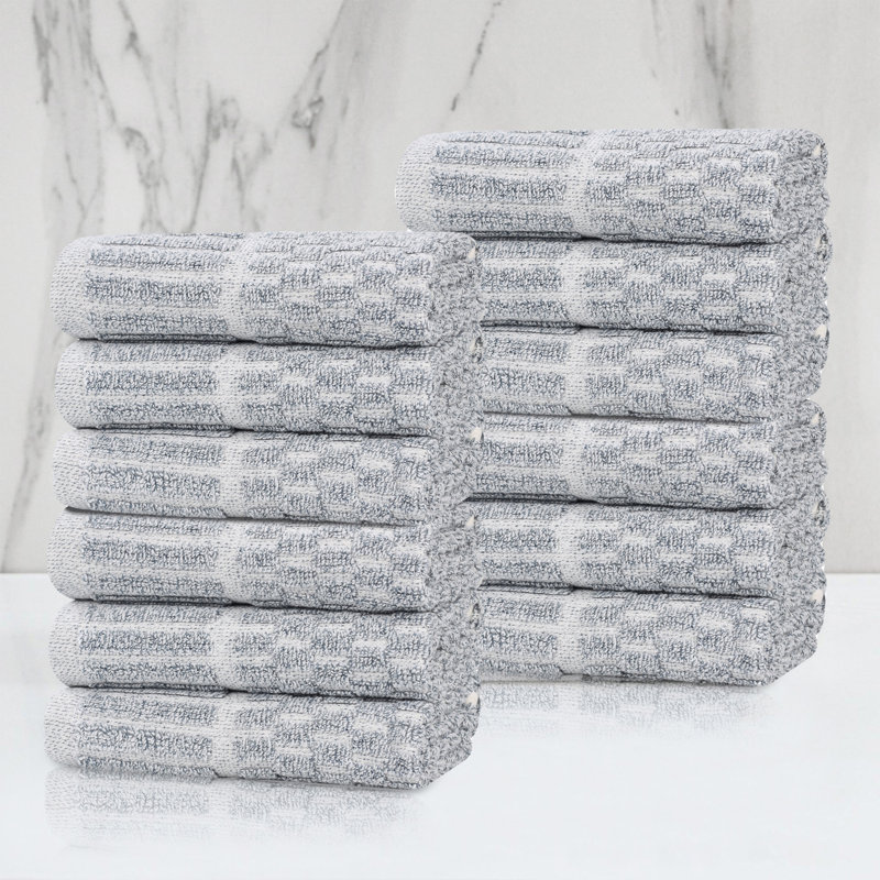 Débarbouillette à bordure à carreaux en mélange de coton et viscose Juno, Gant de toilette - paquet de 12, Bleu denim