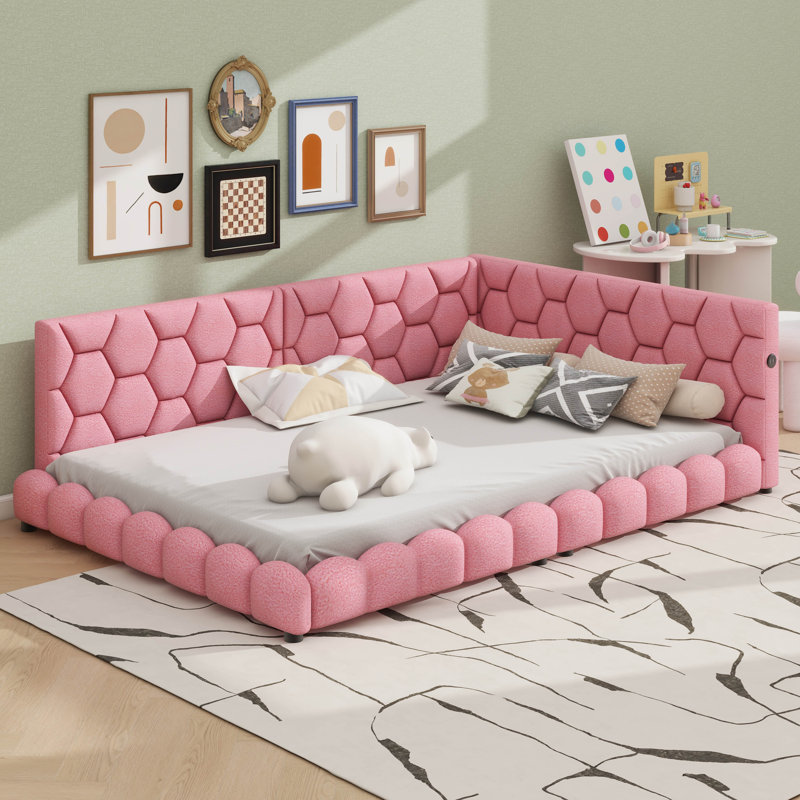 Lit plateforme double rembourré pleine grandeur avec ports USB et bande DEL, Rose