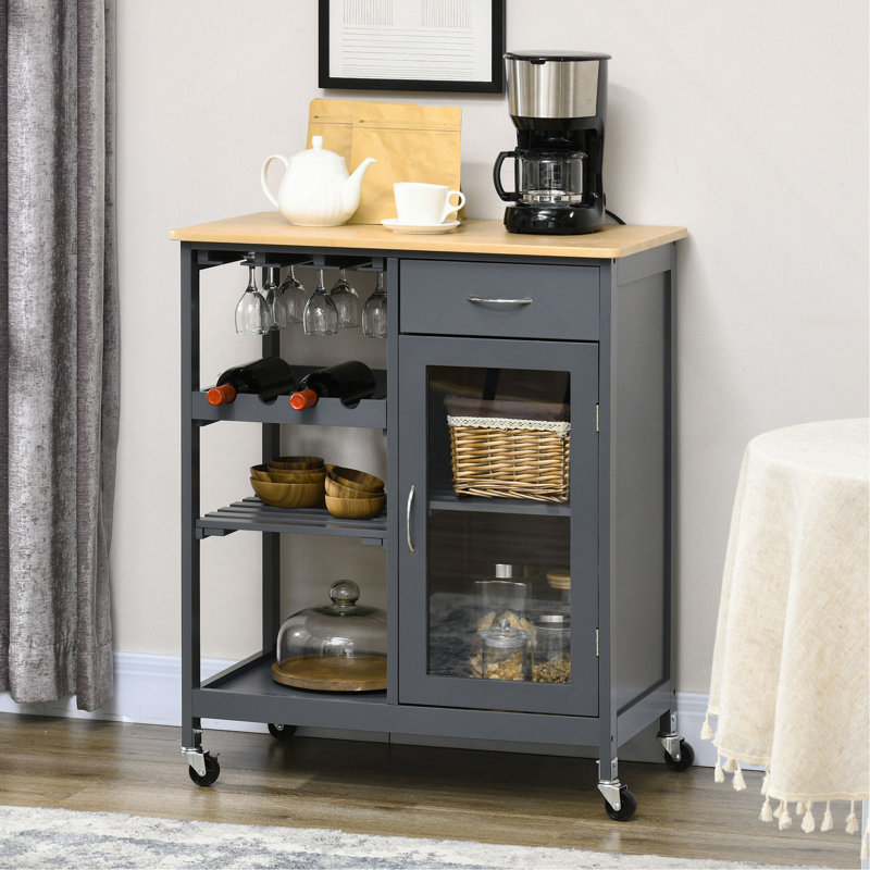 Rolling Kitchen Cart with 4-bottle Wine Rack, Gray/Natural